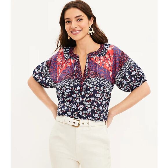 Loft 100% cotton patchwork floral boho lightweight cotton puff sleeve blouse - Picture 2 of 11